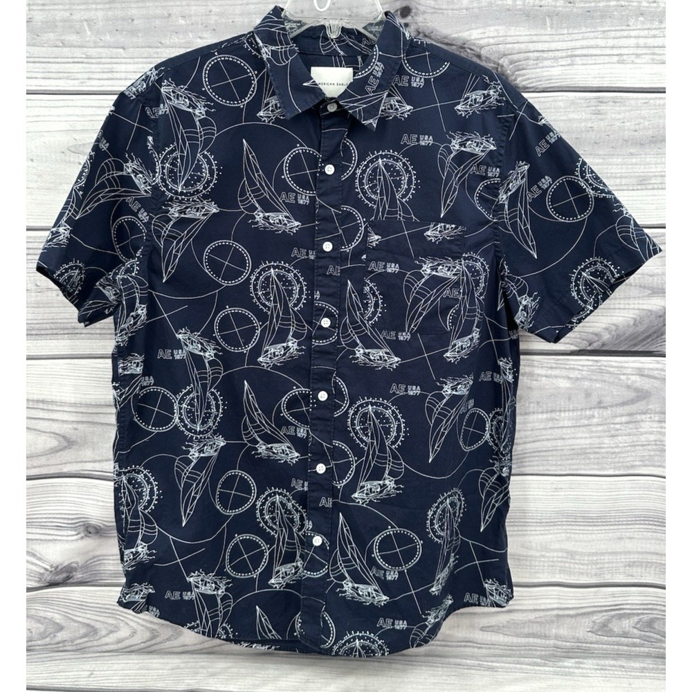 AMERICAN EAGLE‎ NAUTICAL THEME BUTTON FRONT SHIRT  Men's Size Large  NAVY BLUE